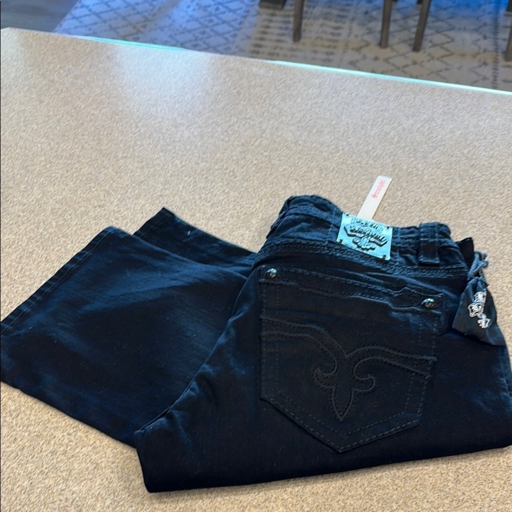 NWT Rock Revival Nick straight Black Denim Jeans with Embroidered pockets 38/34